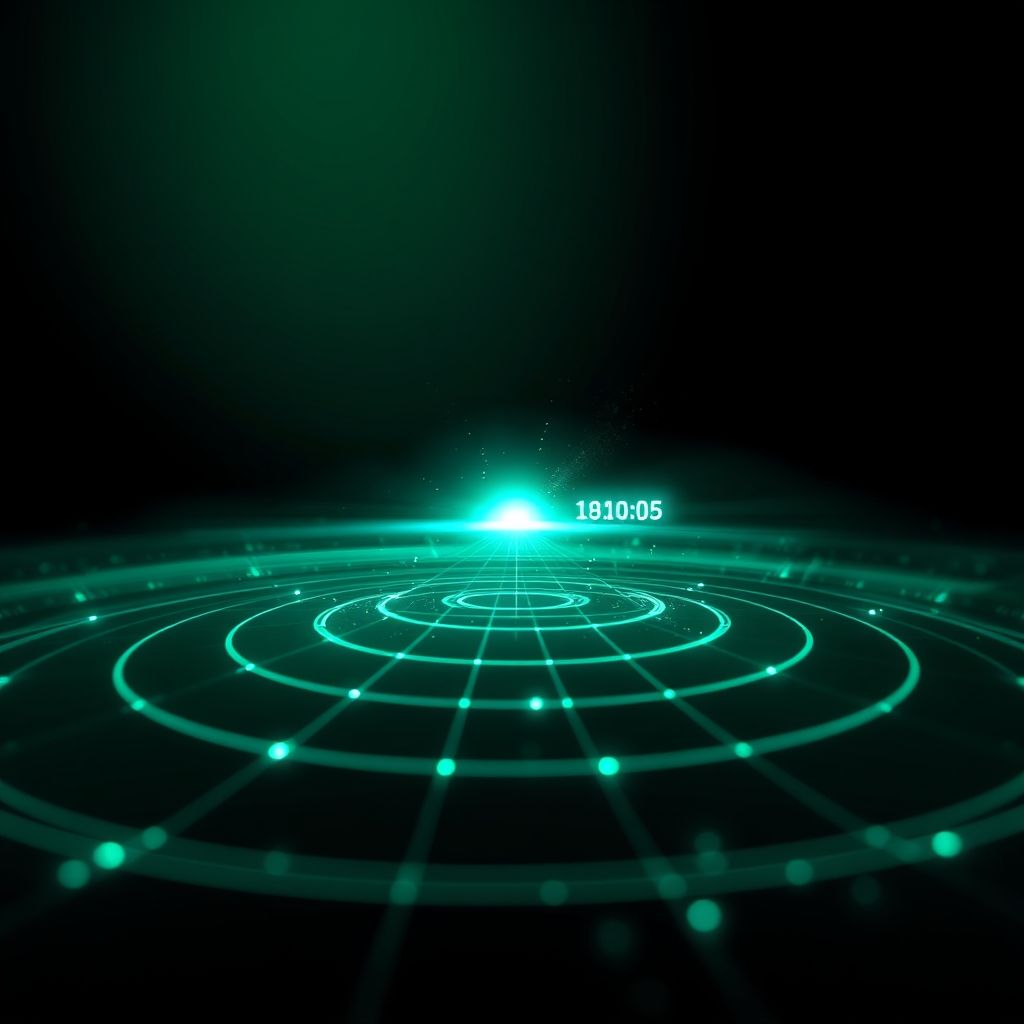 Glowing teal radar rings on a dark grid floor with a timestamp reading 18:10:05 above the center point